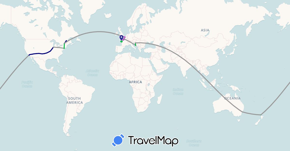 TravelMap itinerary: driving, bus, plane, train in Australia, Canada, France, United Kingdom, Croatia, New Zealand, United States (Europe, North America, Oceania)